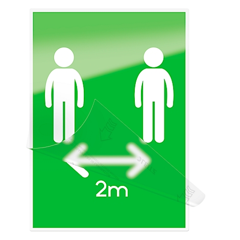Groen bord met witte pictogrammen van personen, pijl en 2m afstandsinstructie.