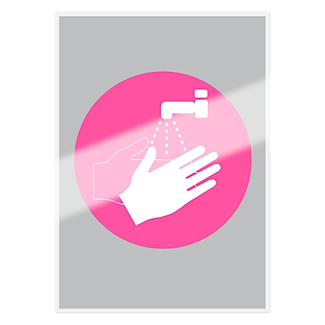Roze cirkel met wit symbool: handen wassen. Hand onder kraan. Grijze achtergrond.