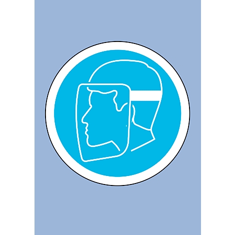 Blauw pictogram van persoon met gelaatsbescherming. Ronde, blauwe achtergrond. Witte rand.