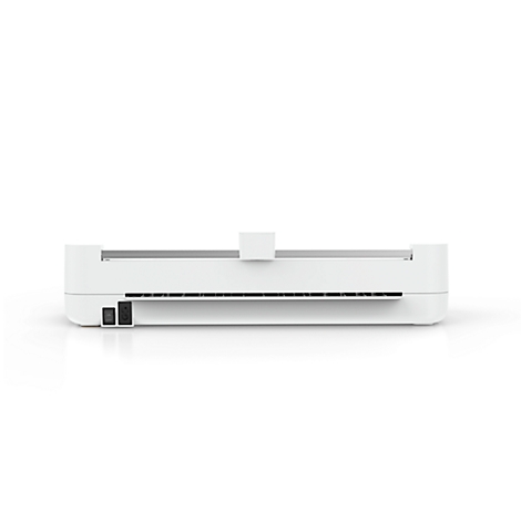 Witte snijmachine tegen een witte achtergrond, vooraanzicht. Met aan/uit-knop, sleuf en verhoging.