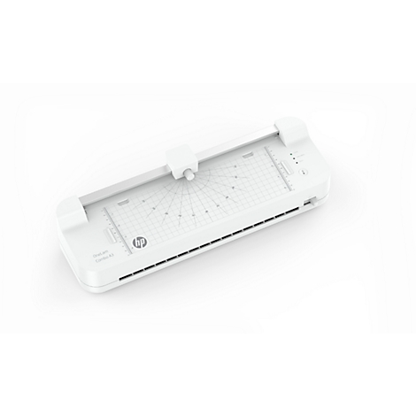 Witte HP lamineermachine, van bovenaf gefotografeerd. Er is een raster en een ronde schaal zichtbaar op het oppervlak.