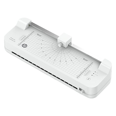 Witte lamineermachine met rasterpatroon, HP-logo en bedieningspaneel.