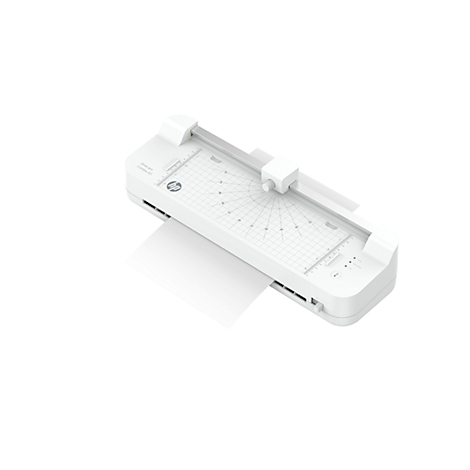 Witte lamineermachine met een vel papier. Het HP-logo staat op het apparaat.