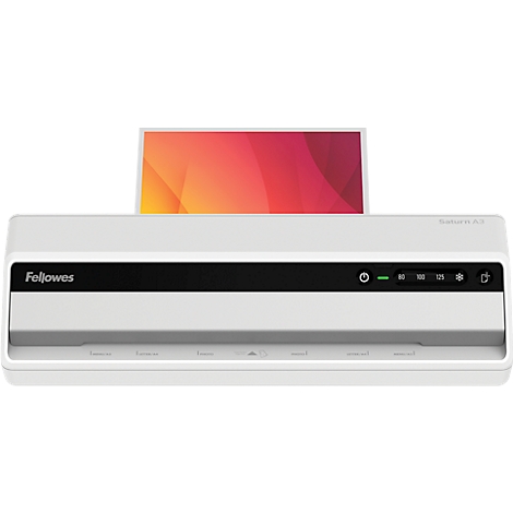 Weißes Fellowes Laminiergerät mit schwarzem Streifen. Oben ein Bildschirm mit rotem Muster. Rechts Knöpfe, Temperaturanzeige.