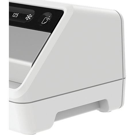 Weißes Gerät, Detailaufnahme. Oben Display mit Anzeige 125, Frostsymbol und Batteriesymbol.