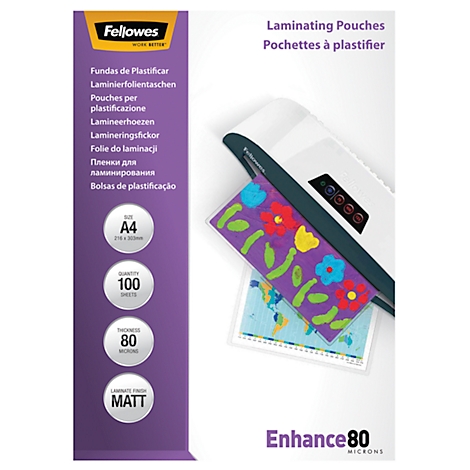 Ein Laminiergerät mit einem durchsichtigen Dokument, das gerade laminiert wird. Auf dem Papier sind bunte Blumen abgebildet. Daneben ist die Verpackung mit den Laminierfolien zu sehen.