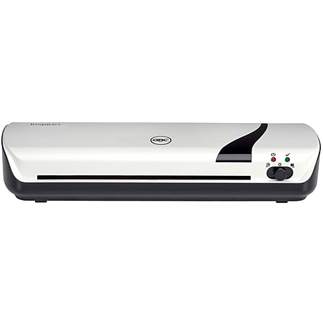 Grau-weißer Laminator mit GBC-Logo, Bedienfeld mit Tasten und Kontrollleuchten.