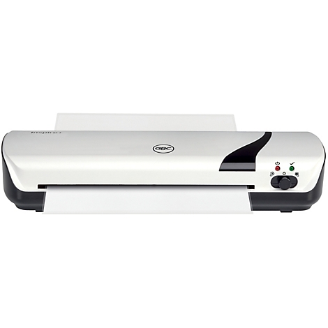 Ein grauer Laminator mit Papierauslass. Auf der Oberseite befinden sich das Markenlogo und Kontrollelemente mit roten und grünen Lichtern.