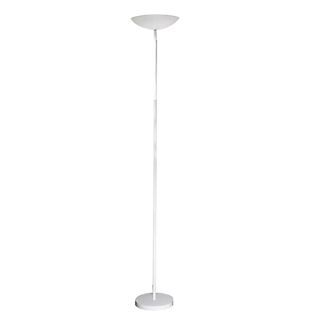 Un lampadaire blanc et épuré, avec une base et un abat-jour ronds, sur fond blanc.