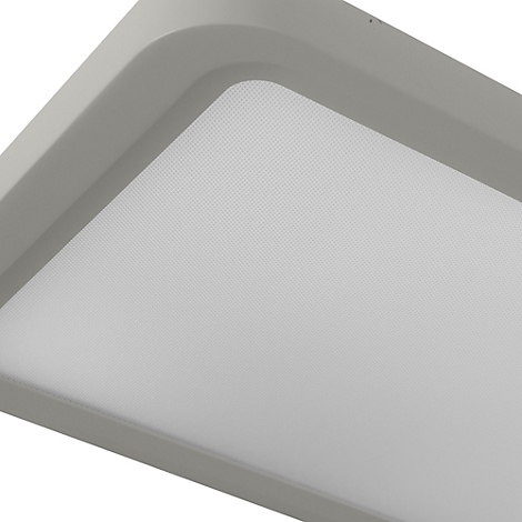 Gros plan d'un plafonnier rectangulaire blanc aux coins arrondis. Le cadre est gris clair.