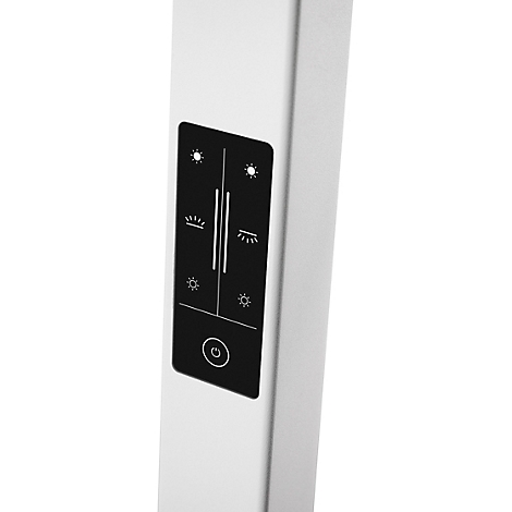 Vue détaillée d'une lampe blanche avec un panneau de commande noir. Le panneau de commande affiche des symboles de luminosité, un bouton marche/arrêt et une lampe.