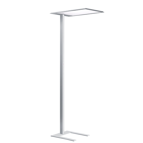 Lampadaire argenté avec abat-jour rectangulaire. La tige fine repose sur un pied en forme de U. Design épuré.