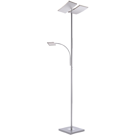 Lampadaire gris avec une base carrée et trois têtes de lampe.