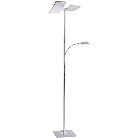 Lampadaire avec trois sources de lumière rectangulaires. Deux sont en haut, une sur un bras courbé.