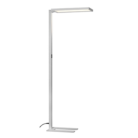Un lampadaire blanc moderne. La tête de la lampe est rectangulaire, la base est constituée de deux barres parallèles.
