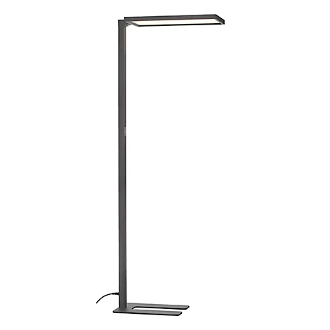 Lampadaire gris avec une tête rectangulaire éclairée. Il y a une base en bas. Un câble d'alimentation est visible.