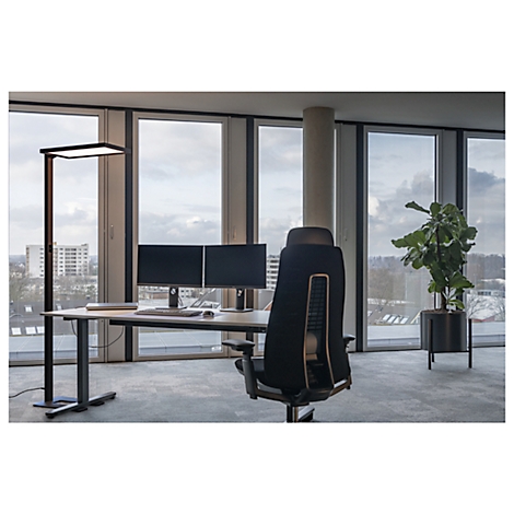 Bureau avec bureau, deux moniteurs, chaise de bureau, lampadaire et une baie vitrée avec vue.