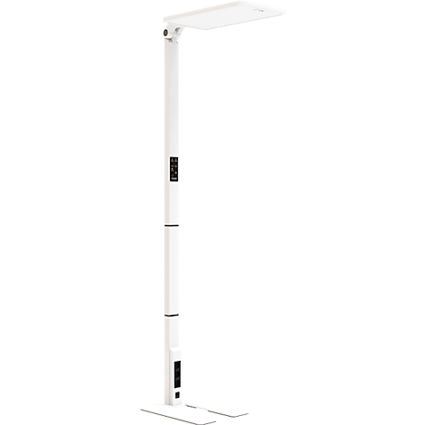 Une lampe de bureau blanche avec une tête de lumière rectangulaire, réglable en hauteur et avec des commandes à la base.
