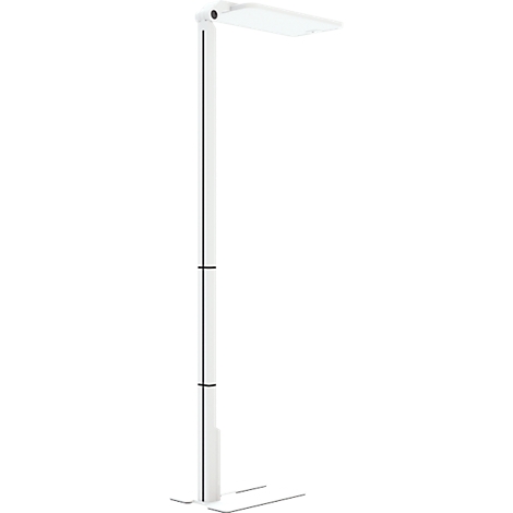 Lampe de bureau blanche, tête pivotante, tige verticale. Pied avec deux éléments rectangulaires.