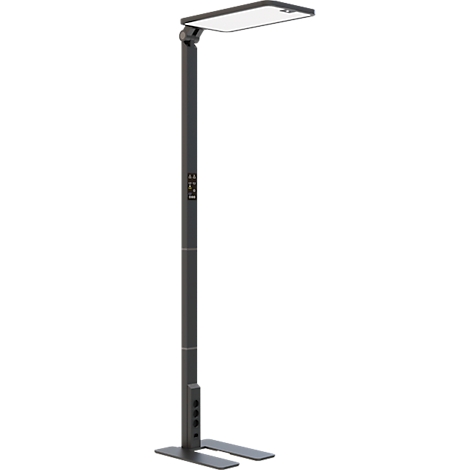 Lampadaire gris avec tête de lumière rectangulaire, réglable en hauteur et avec pied carré.