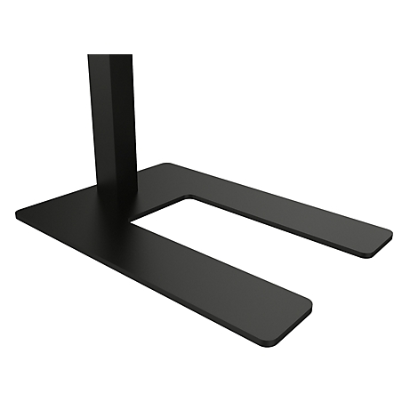 Gros plan sur une base de support noire en forme de U avec un montant vertical sur fond blanc.