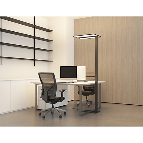Espace de bureau avec bureau, deux chaises et un lampadaire moderne et haut devant un mur en bois.