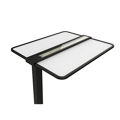 Luminaire rectangulaire avec cadre noir et panneau diffuseur blanc, monté sur un poteau vertical.