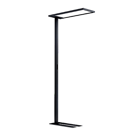 Un lampadaire noir et élégant avec une tête de lumière rectangulaire et un pied étroit, sur fond blanc.