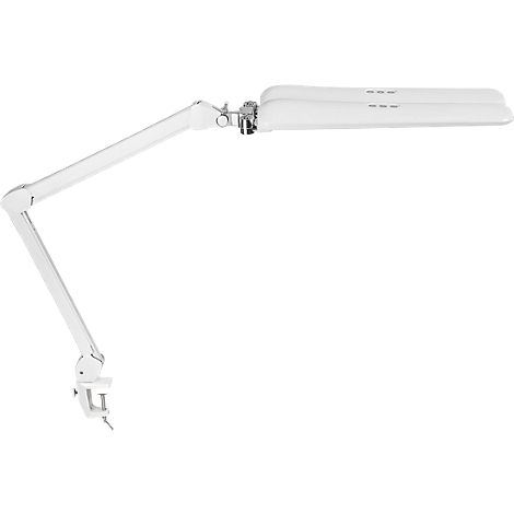 Lampe de bureau blanche avec bras flexible et base à pince.