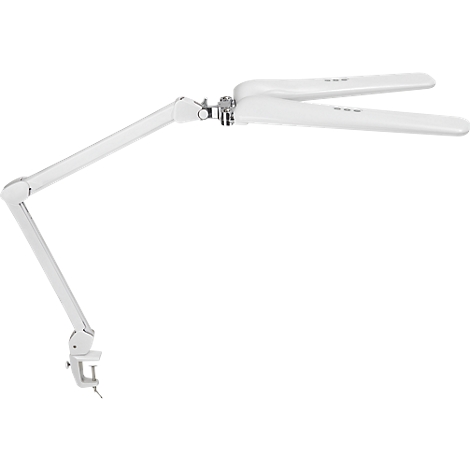 Lampe de bureau blanche avec un bras pivotant et deux panneaux lumineux, fixée à une pince.