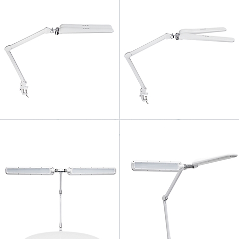 Quatre vues différentes d'une lampe de bureau LED blanche avec bras réglables et une pince.