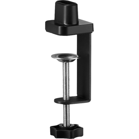 Pince de table noire avec vis. Il y a des supports en haut et en bas, qui sont fixés par une vis. Entre le support et la vis se trouve une plaque ronde et argentée.