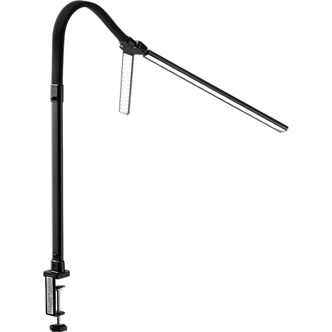 Lampe de bureau noire avec pince. Forme flexible et incurvée. La tête de la lampe comporte une rangée de LED.
