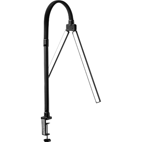 Lampe de bureau noire avec pince et bras flexible, deux surfaces d'éclairage pointent vers le bas.