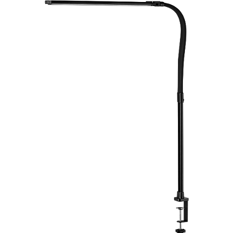 Lampe de bureau noire avec lumière LED et pince de fixation.