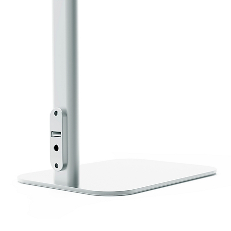 Support blanc avec colonne verticale, port USB et base rectangulaire arrondie, vue détaillée sur fond clair.