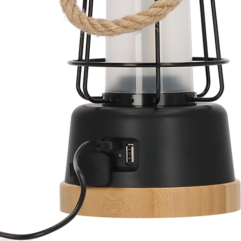 Lampe noire avec un cylindre en verre, sur une base en bois naturel et avec une poignée en corde.