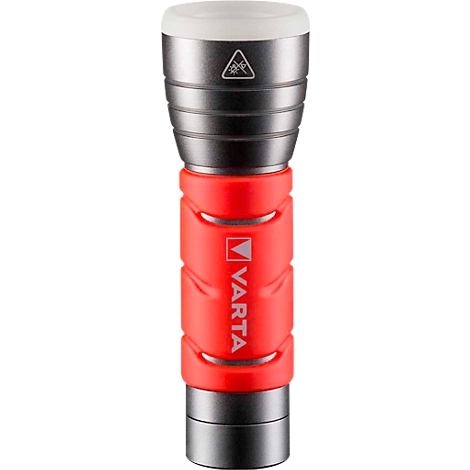 Une lampe de poche LED rouge et argentée avec le logo Varta.