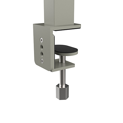 Pince de bureau en métal gris avec une vis de réglage verticale pour la fixation sur des surfaces de meubles.