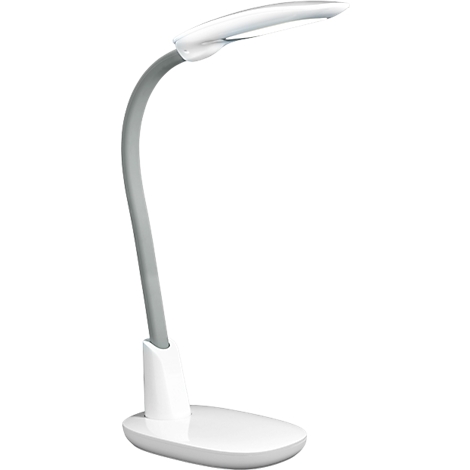Une lampe de bureau blanche avec un bras incurvé gris et une base ovale. La lumière est allumée.