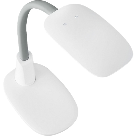 Une lampe de bureau blanche avec un col gris et flexible. Deux petits boutons sont visibles sur l'abat-jour.