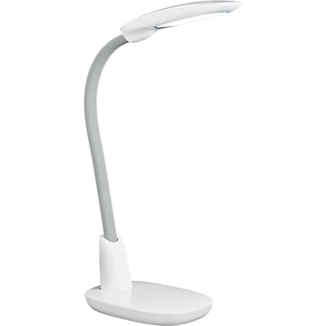 Une lampe de bureau blanche avec un bras gris et flexible, reposant sur une base ovale.