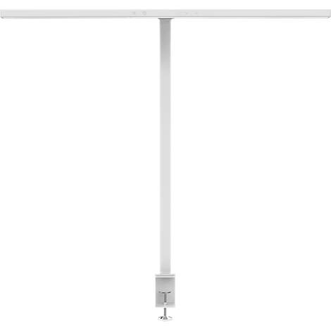 Une lampe à pince blanche sur fond blanc. Elle se compose d'une barre lumineuse horizontale, d'une tige verticale et d'une pince.