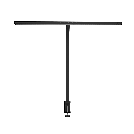 Lampe à pince noire et minimaliste dotée d'une longue tête d'éclairage horizontale et d'un support vertical.