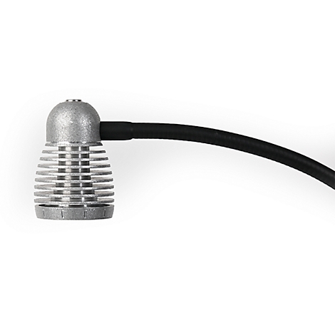 Tête de lampe métallique grise avec ailettes de refroidissement et câble noir. Sur fond blanc.