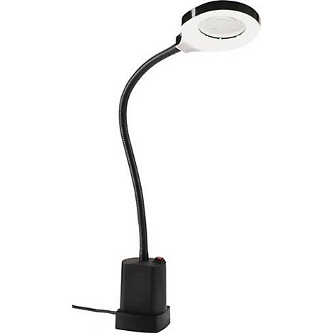 Une loupe avec éclairage LED intégré. Col flexible noir. Sur une base carrée, avec un bouton rouge.