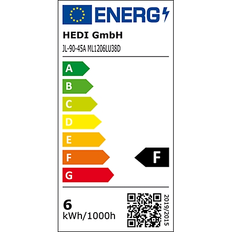 Étiquette énergétique avec la classe d'efficacité énergétique F. Inscription : HEDI GmbH, JL-90-45A ML1206LU38D. Code QR et consommation 6 kWh/1000h.
