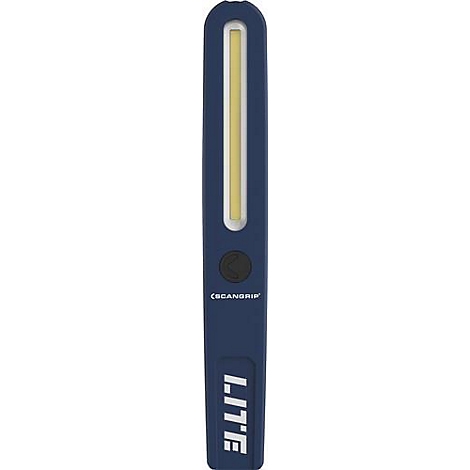 Lampe-bâton bleue avec lumière jaune, bouton noir et texte blanc 'SCANGRIP'.