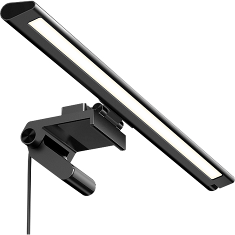 Lampe de bureau LED noire fixée à un moniteur. Elle émet une lumière blanche chaude et brillante. Un câble est visible.