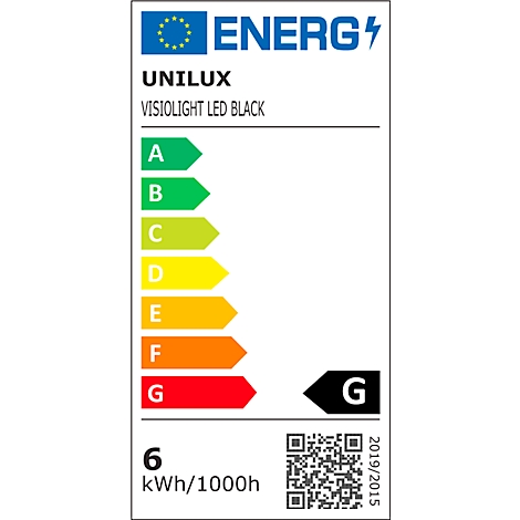 Étiquette énergétique pour une lampe UNILUX VISIOLIGHT LED Black, avec une efficacité énergétique G, 6 kWh/1000h.